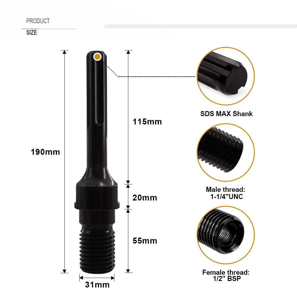 SHDIATOOL 1 1/4"-7 UNC Male Thread(Include 1/2 BSP Female Thread)to SDS MAX Shank Good Quality Steel - SHDIATOOL