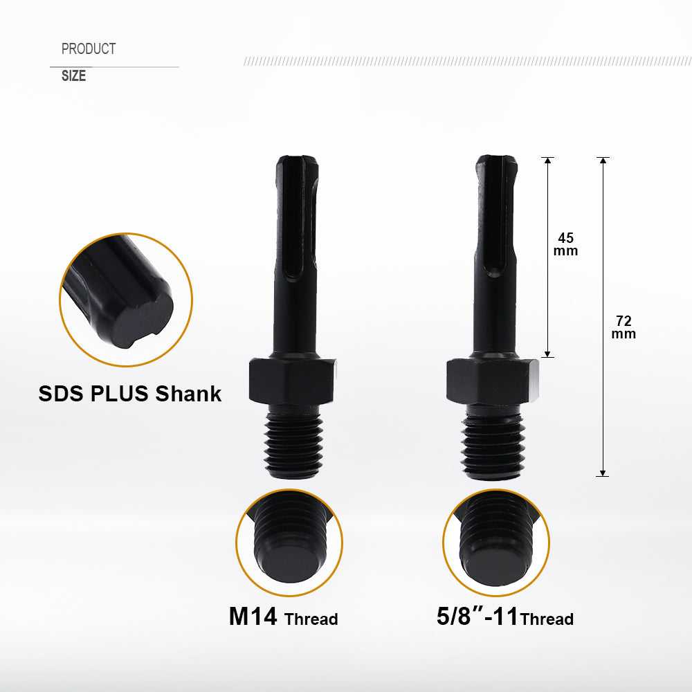 SHDIATOOL Core Drill Bit Adapter 5/8"-11 or M14 Thread Male to SDS Plus Shank - SHDIATOOL