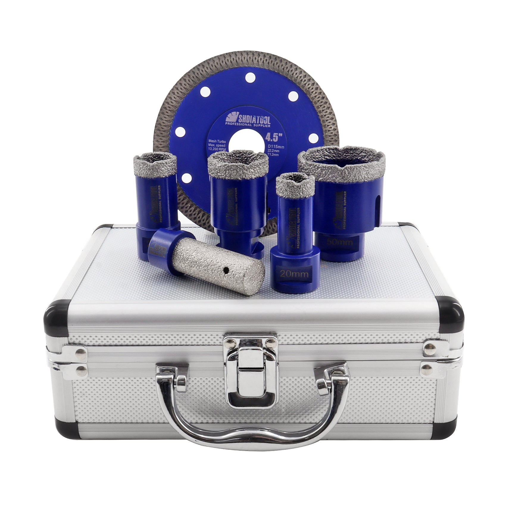 SHDIATOOL Diamond Drill Core Bits Set with Box M14 Thread for Granite Marble Ceramic Porcelain Tile 6pcs/Box Dia 20/25/35/50mm+20mm Finger Bit+115mm Saw Blade - SHDIATOOL