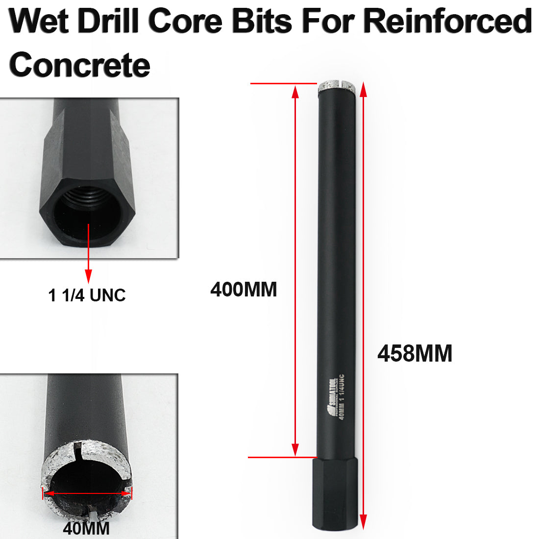 Wet Drill Core Bits for High PSI/Reinforced Concrete 1-1/4" UNC Thread Hole Saw Diameter 25/32/40/51/63/76/102/108/127/152mm available only Sold in Europe - SHDIATOOL