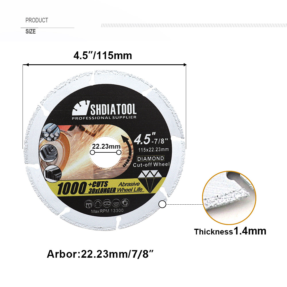 SHDIATOOL 4-1/2 Inch Diamond Metal Cutting Disc for Steel Tube Iron Rebar Angle Steel Vacuum Brazed Cut-Off Wheel Blade from USA warehouse - SHDIATOOL