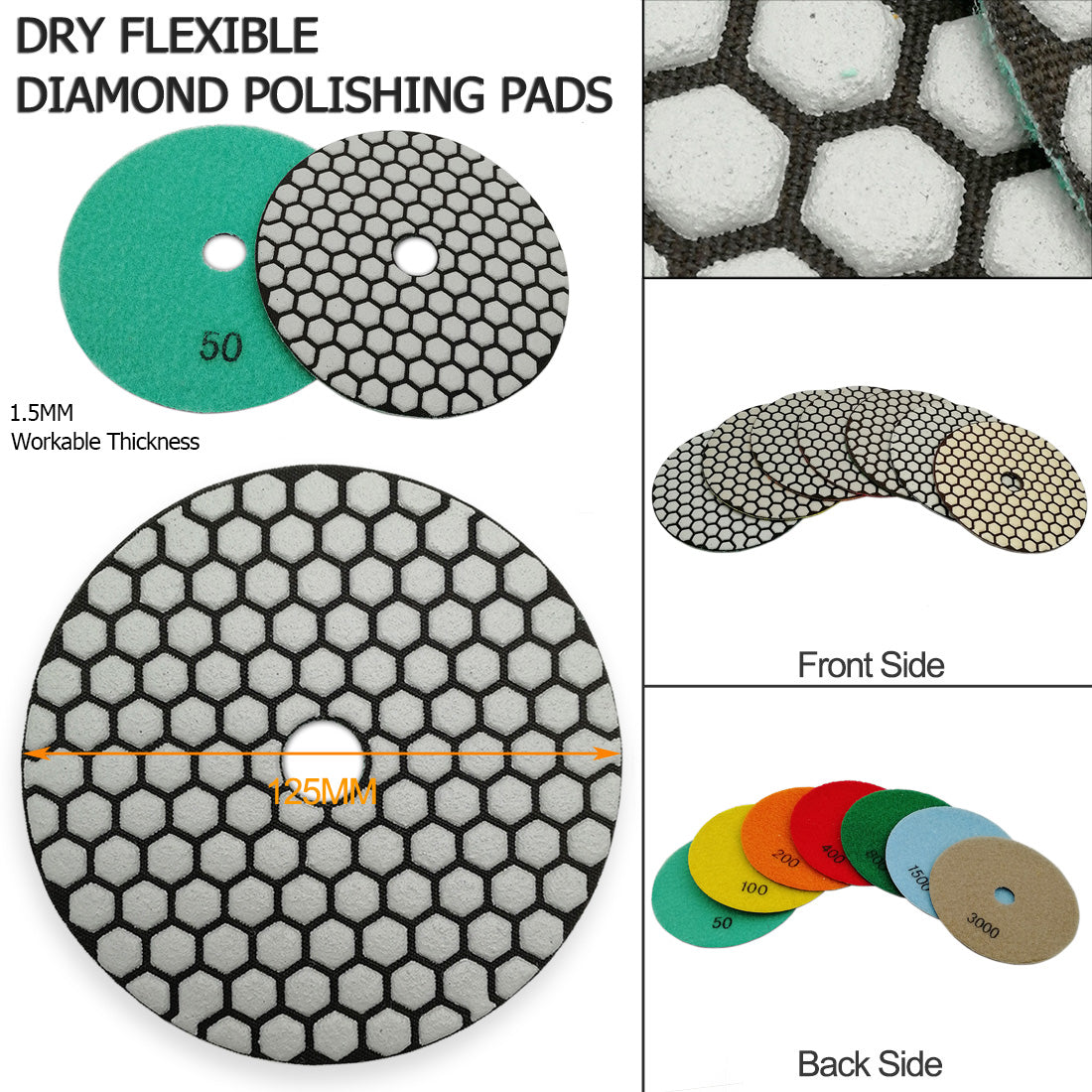 SHDIATOOL 5 Inch Dry Diamond polishing Pads Grit 50 for Granite Marble Quartz(7-Pack) - SHDIATOOL