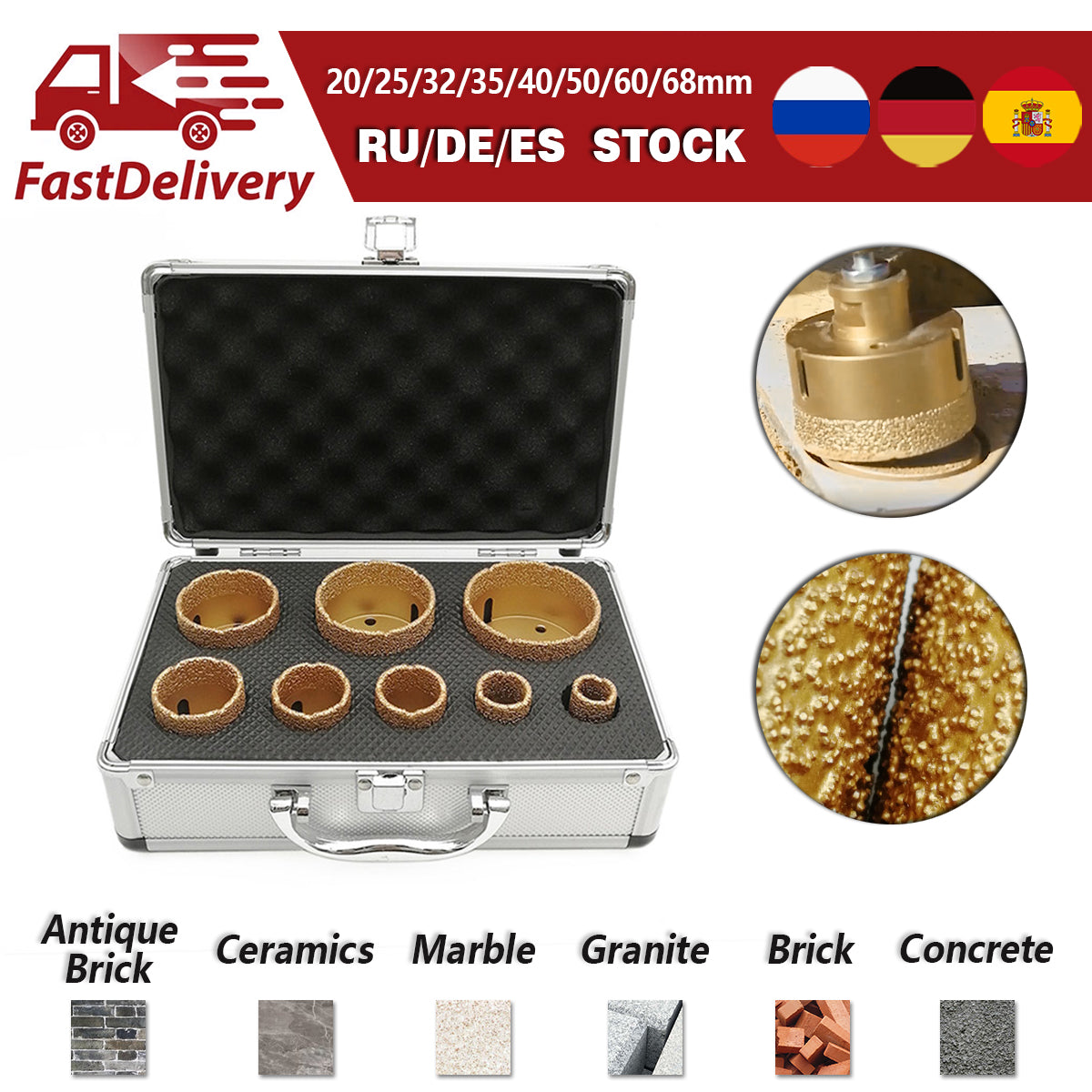SHDIATOOL Golden Diamond Drill Core Bits Kit with Box for Tile Porcelain Granite Marble 2 Styles Spain Warehouse - SHDIATOOL