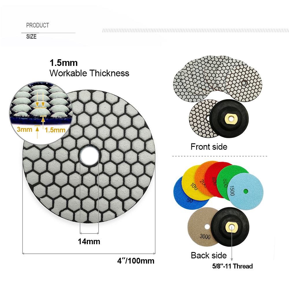 4 inch Dry Diamond Polishing Pad for Granite Marble 7pcs/set Mixed Grits Plus a 5/8-11 Backer - SHDIATOOL