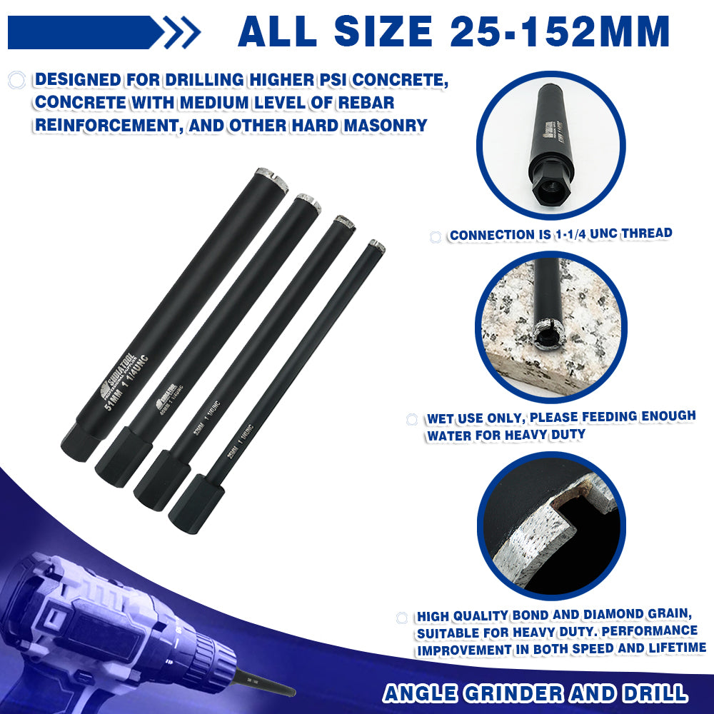 Wet Drill Core Bits for High PSI/Reinforced Concrete 1-1/4" UNC Thread Hole Saw Diameter 25 to 152 mm available only Sold in Europe - SHDIATOOL