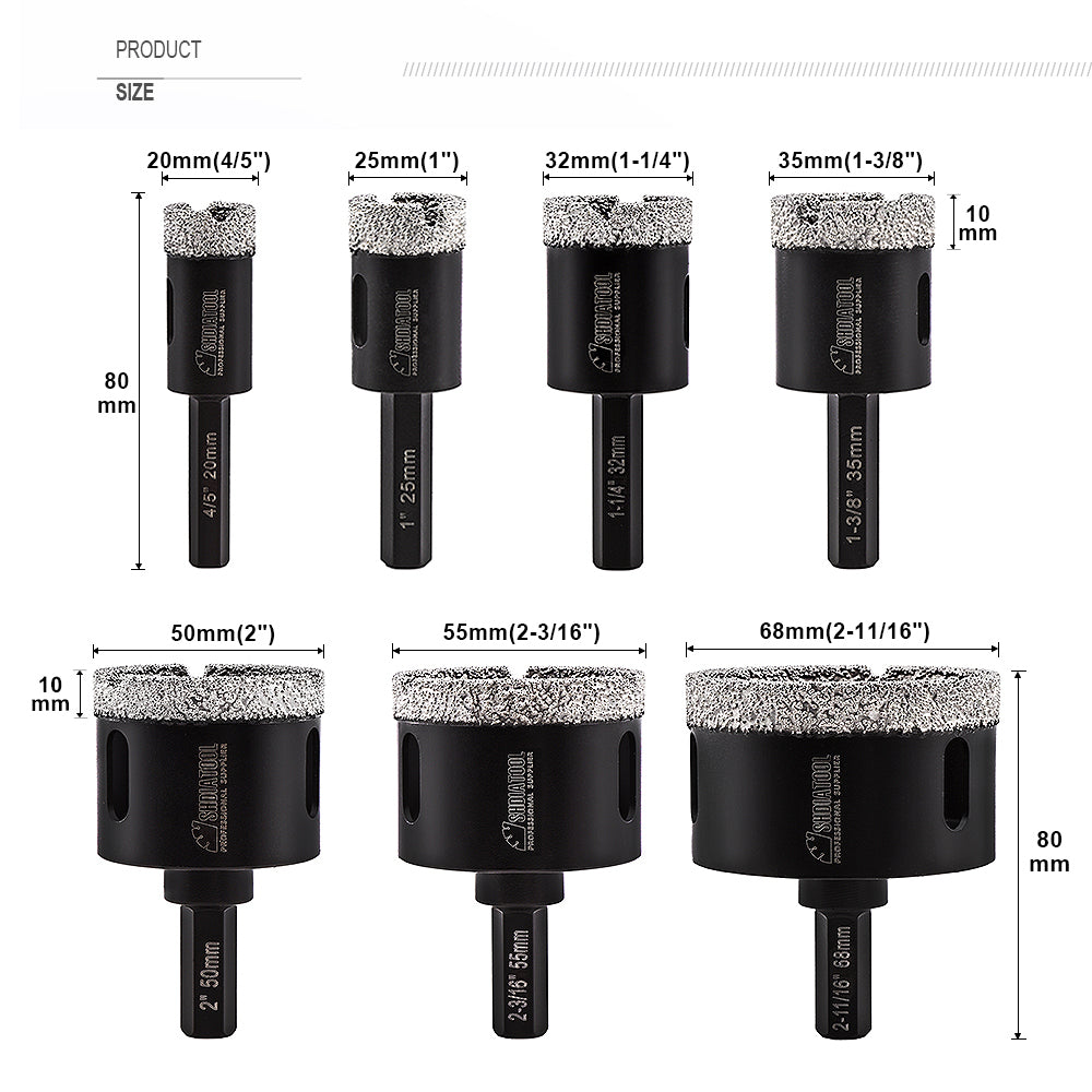 SHDIATOOL Vacuum Brazed Diamond Drill Core Bits Hexagon Shank Hole Saw for Porcelain Tiles Granite Marble Dia 20/25/32/35/50/55/68mm - SHDIATOOL