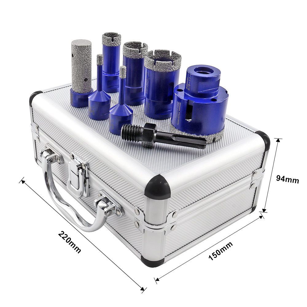 SHDIATOOL Diamond Drill Core Bits Set with 5/8-11 Thread for Porcelain Tile Granite Marble Ceramic 8pcs/Box Dia 6/6/20/25/35/50mm+20mm Finger Bit+SDS Adapter - SHDIATOOL