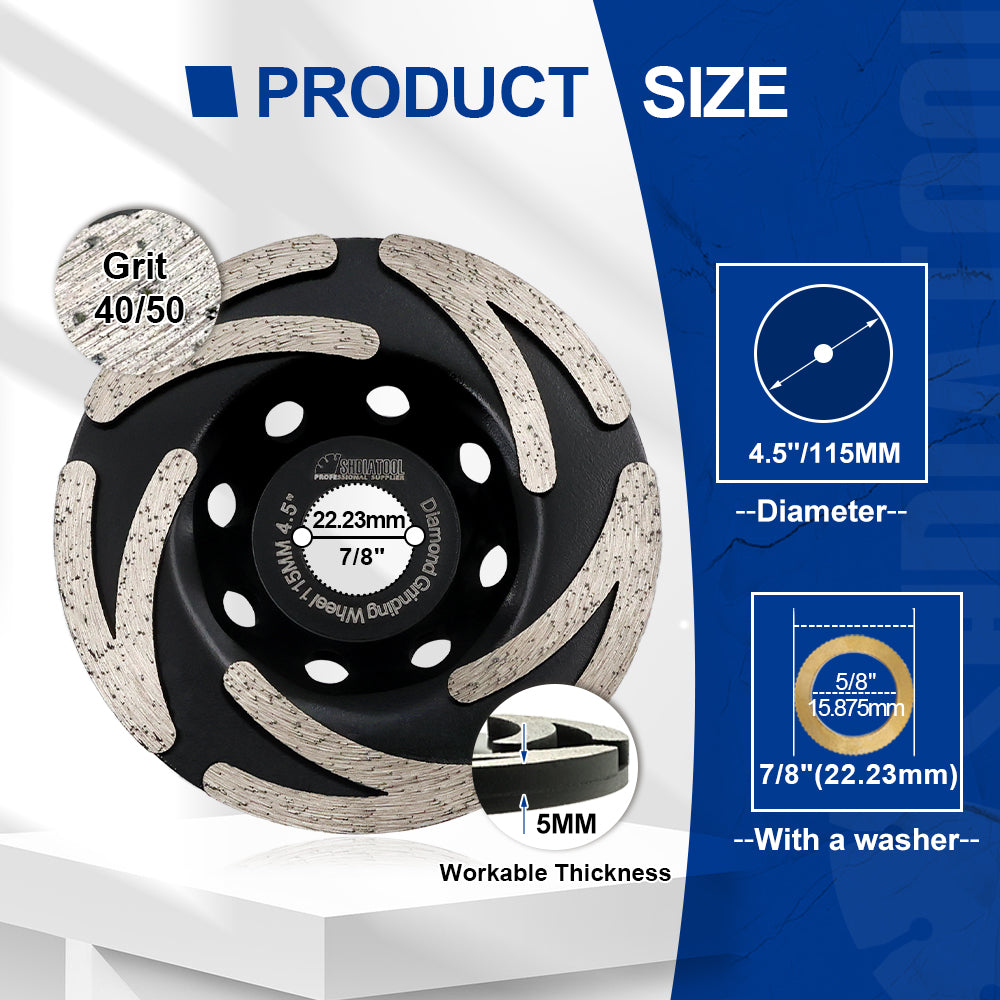 SHDIATOOL 4.5" Turbo Row Diamond Grinding Cup Wheel Hard for Concrete Granite Marble with 7/8 Inch Arbor