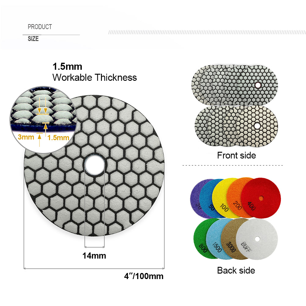 4inch Dry Diamond Polishing Pad for Granite 8pcs/set Mixed Grits Plus a Base Backer - SHDIATOOL