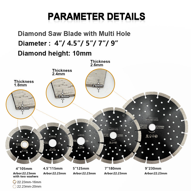 SHDIATOOL Concrete Diamond Segmented Saw Blade with Multi Holes Cutting Granite Marble - SHDIATOOL
