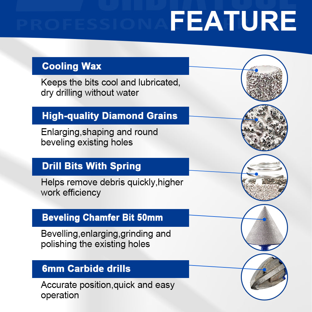 SHDIATOOL 13PCS 6-100MM Diamond Triangle Shank Drill Core Bits 2inch Beveling Chamfer Bit

10MM Milling Bit 6MM Carbide Bit Ceramic Tile Porcelain Tile Ceramic Granite Marble
