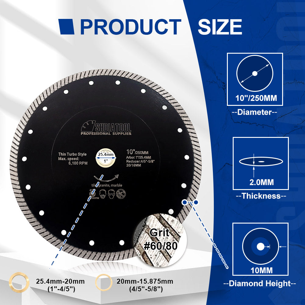 SHDIATOOL Turbo Diamond Saw Blade 4"-10"Ceramic Tile Granite Marble