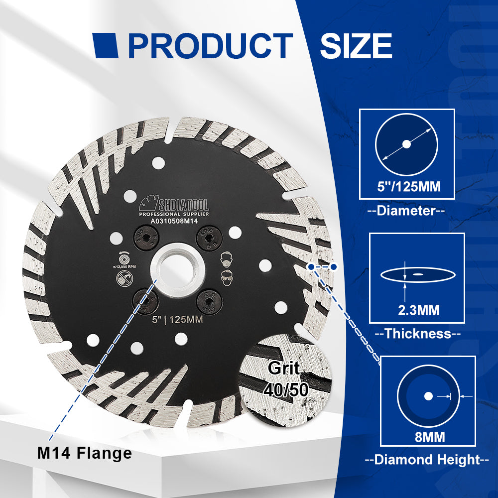 Turbo Saw Blade With Slant Protection Teeth 5pcs 4/4.5/5" Concrete Granite 5/8-11 or M14 Flange