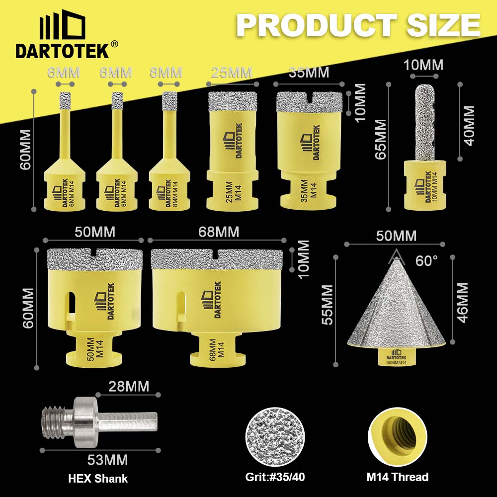 DARTOTEK M14 10Pcs 6-68mm Diamond Drill Core Bit Set Hole Saw 50mm Chamfer 10mm Finger Bits Hex Adapter M14 Marble Tile Tool Kit
