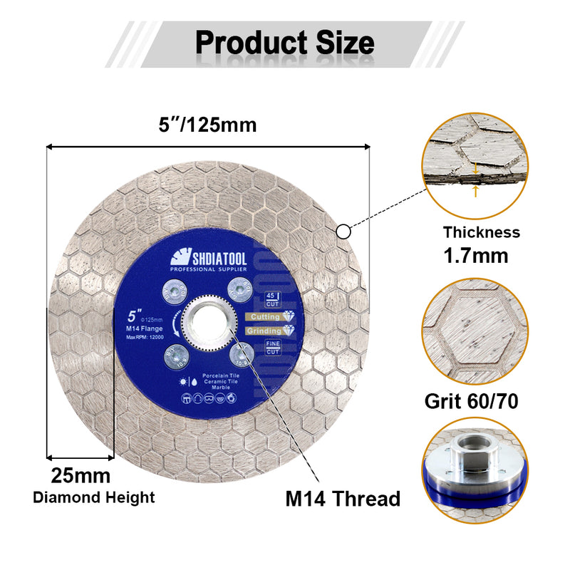 Diamond Cutting Grinding Disc 5"/125mm Marble Ceramic Saw Blade with M14 Flange - SHDIATOOL