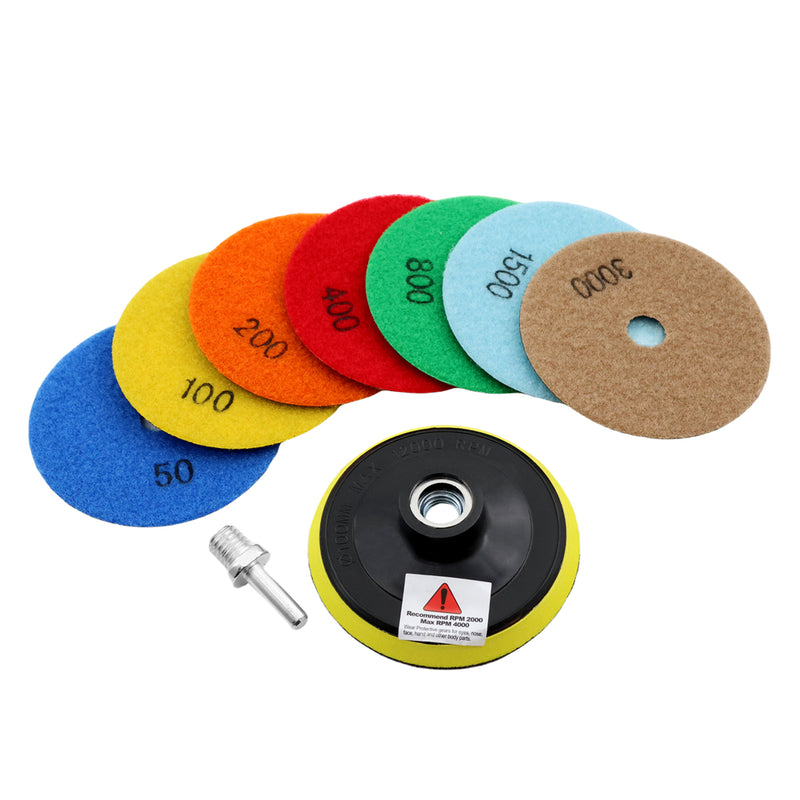 SHDIATOOL 4 inch Dry Diamond Polishing Pad for Granite Marble  7pcs/set Mixed Grits Plus a 5/8-11 Backer US Warehouse