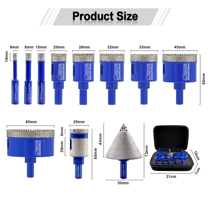 SHDIATOOL 11pcs/set 6-65mm Diamond Drill Bit with Triangular Shank for Granite Marble Porcelain Ceramic Tile Angle Grinder