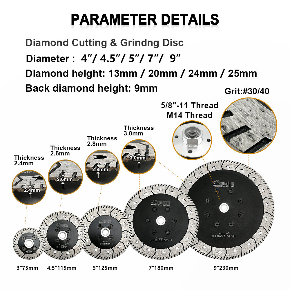 SHDIATOOL Turbo Saw Blade 3" 4.5" 5" 7" 9"Cutting Grinding Marble Concrete - SHDIATOOL