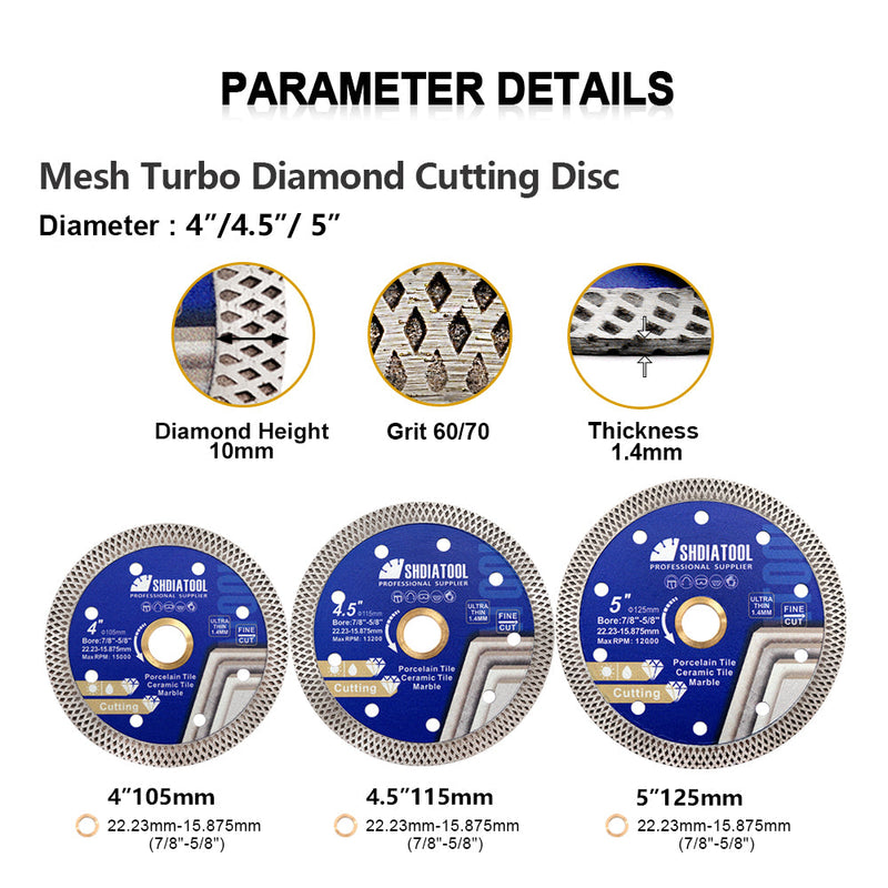Superthin Mesh Turbo Diamond Saw Blade Procelain Ceramic Tile Granite Marble 4''/4.5''/5'' - SHDIATOOL