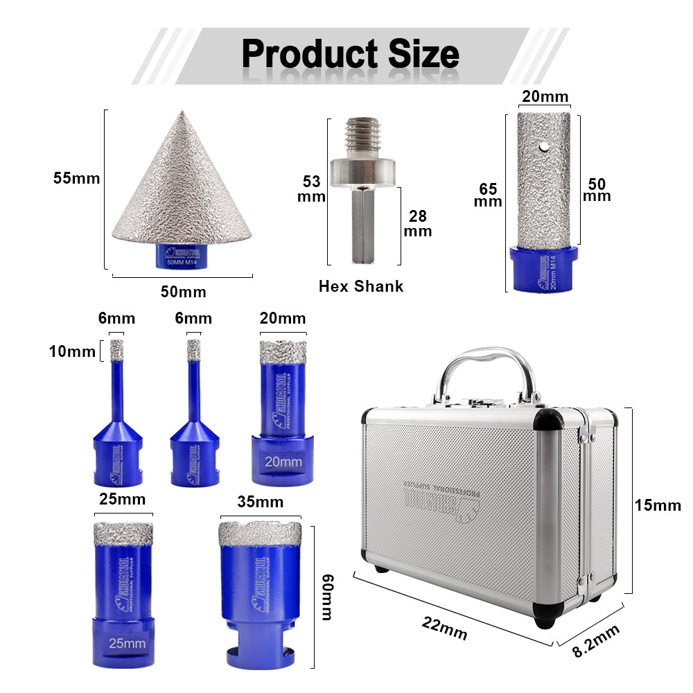 SHDIATOOL Diamond Core Bit Vacuum Brazed 6/6/20/25/35mm Drill Bit+ ＋20mm Finger Bit＋50mm Chamfer Bit+M14 to Hex Adapter Marble Ceramic 1set/8pcs M14 - SHDIATOOL