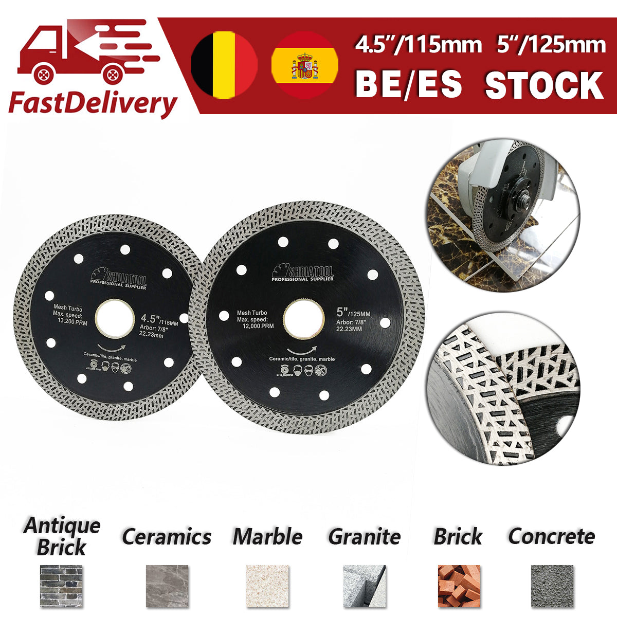 5pcs Mesh Turbo Saw Blades Cutting Porcelain Tile SHDIATOOL BE warehouse  4"/4.5"/5" - SHDIATOOL
