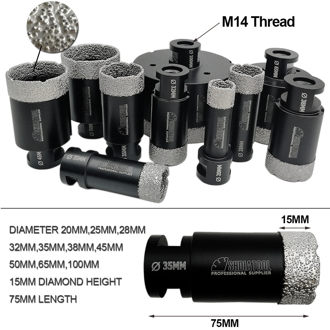SHDIATOOL Diamond Drill Bits M14 thread for Porcelain Tile Granite 20-100mm - SHDIATOOL