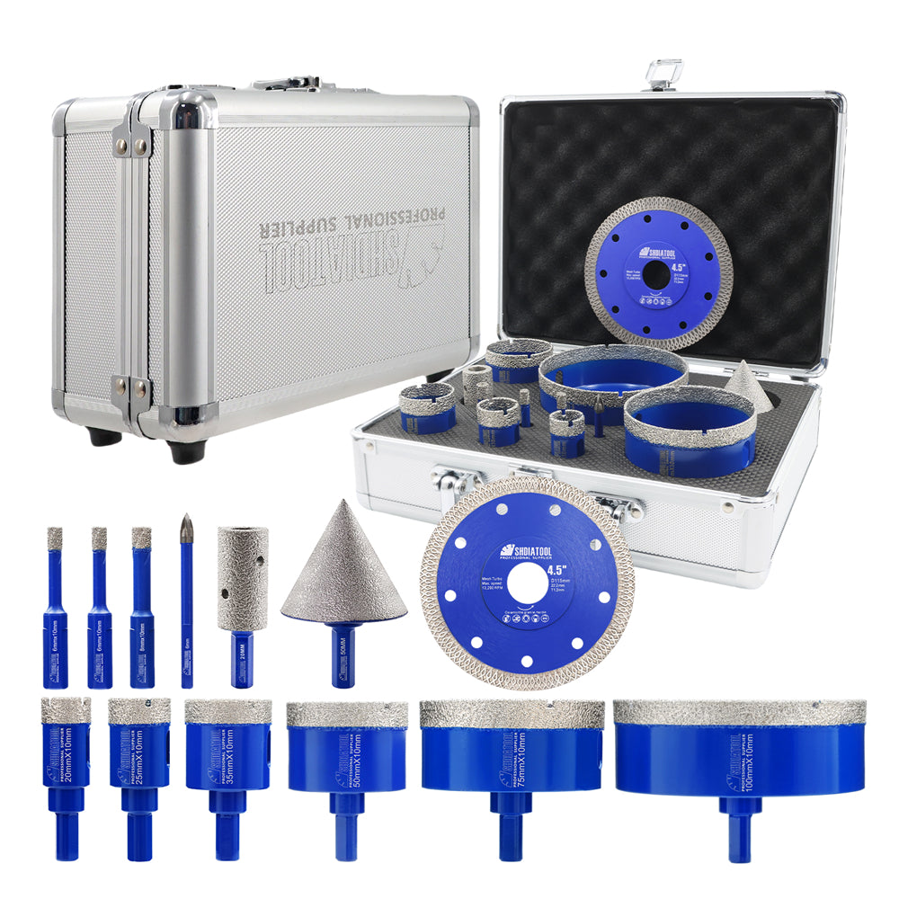 SHDIATOOL 12pcs Drilling Bit Kit Triangle Shank Carbide Bit 115mm X Mesh Cutting Disc Milling Bit Chamfer Hex for Granite Marble Porcelain