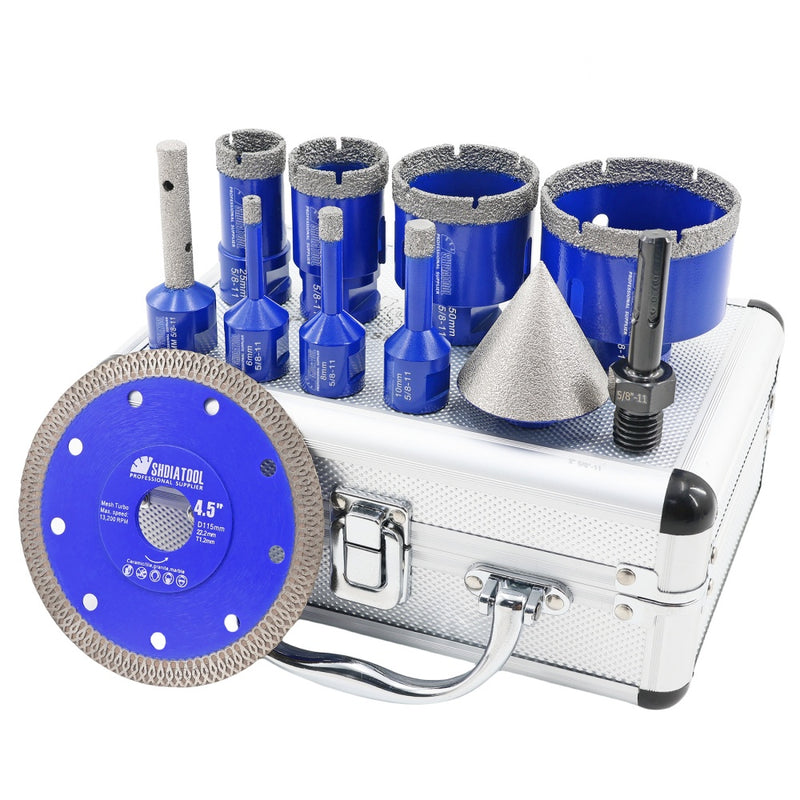 Shdiatool 11pcs 6-65MM Diamond 5/8-11 Drill Bit Kit 4.5 inch X Mesh Cutting Saw Blade for Ceramic Tile Porcelain Tile Marble