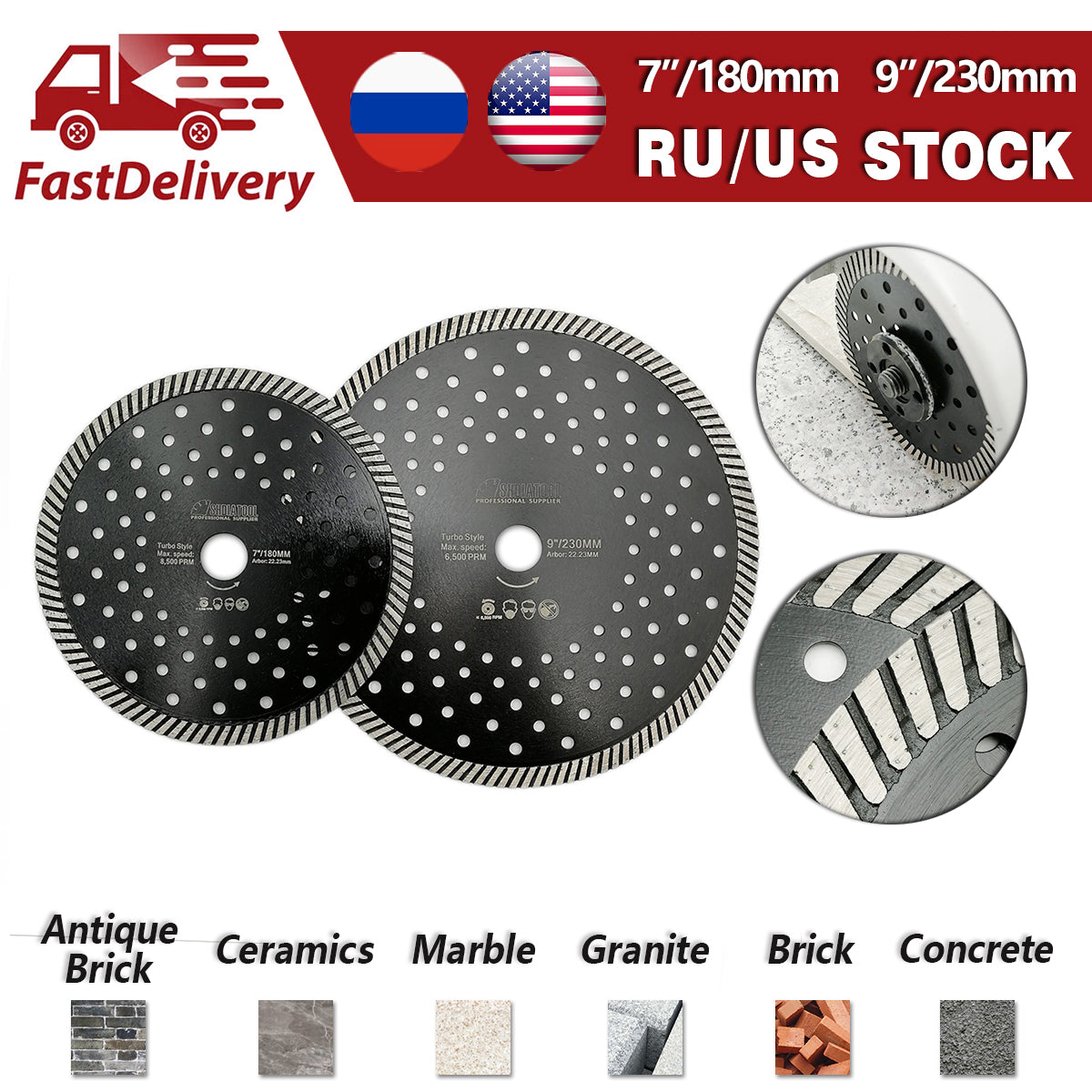2pcs 7" 9" Turbo Blade with Multi Holes Cutting Concrete Granite Marble USA Warehouse - SHDIATOOL