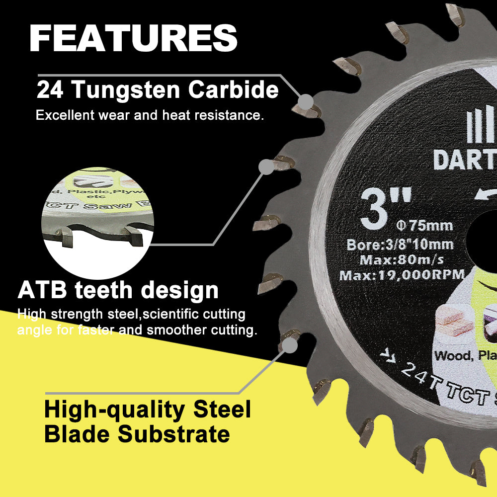 DARTOTEK 2/3/5pcs 3''75MM TCT Wood Diamond Saw Blade Wood Triming Cutting Discs