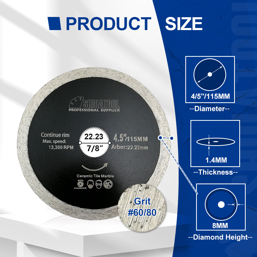 SHDIATOOL 4" 4.5"Continuous Rim Diamond Blade Wet cutting Ceramic Tile
