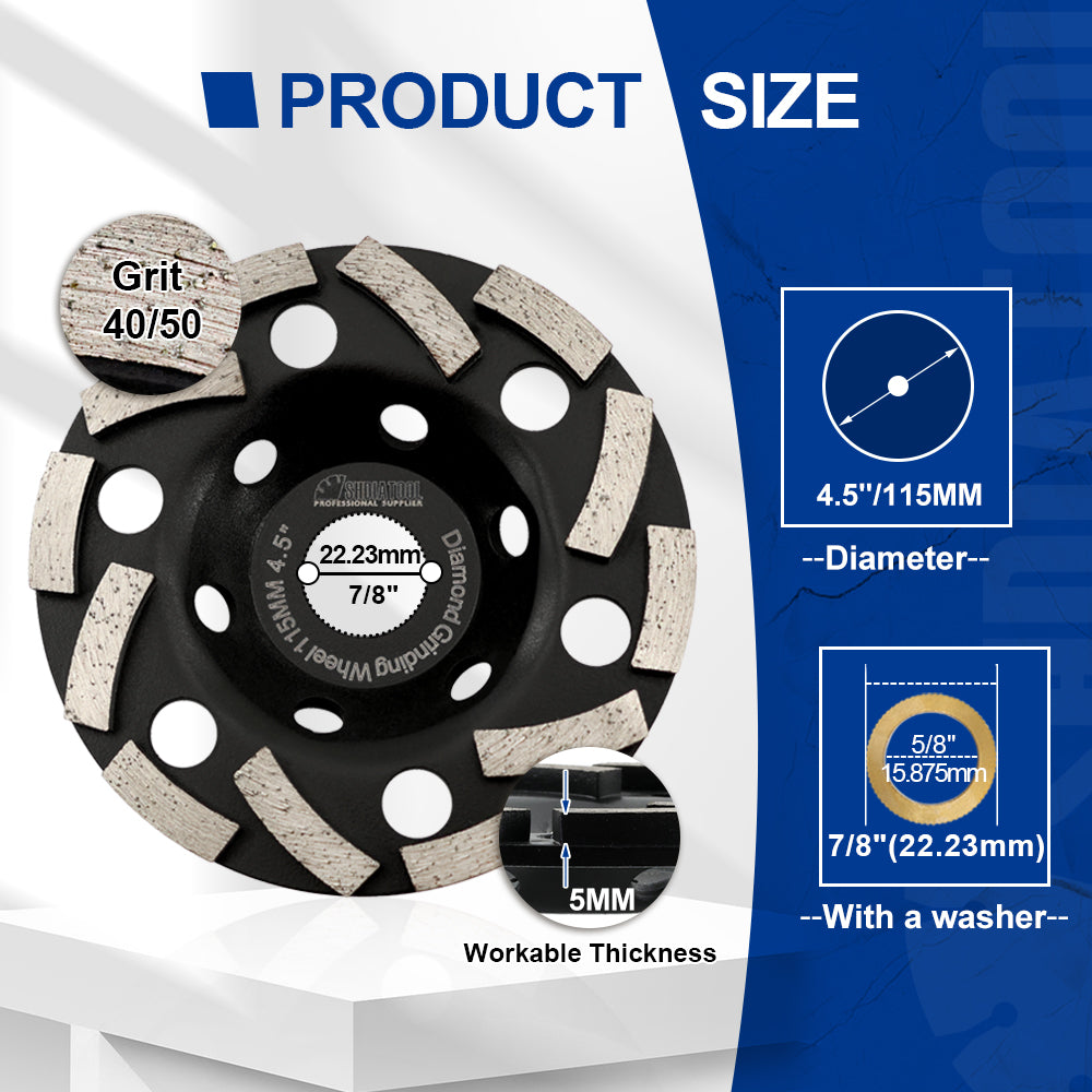 SHDIATOOL Diamond Grinding Cup Wheel 4.5/5" Concrete Masonry Marble Granite