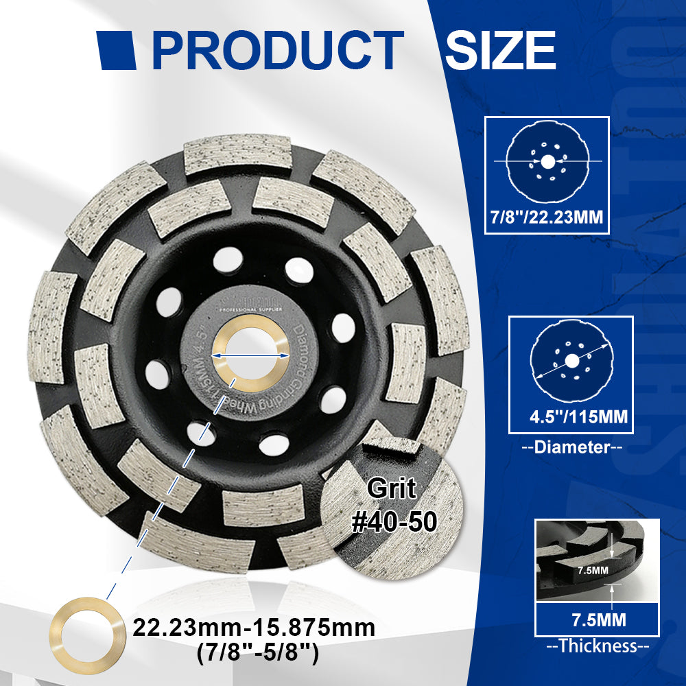 SHDIATOOL Double Row Diamond Grinding Cup Wheel for Concrete Granite Marble Masonry Brick Fits 7/8 Inch Arbor Diameter 4" 4.5" 5" 7"