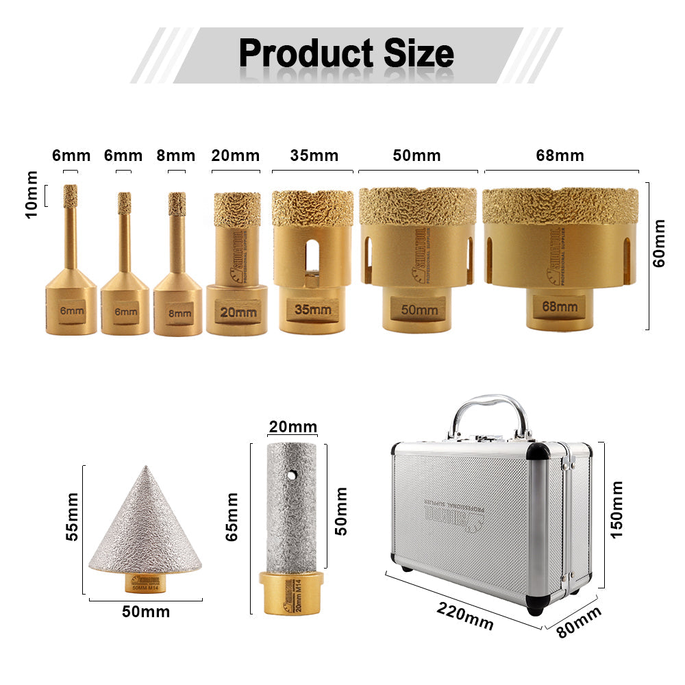 Diamond Core Drill Bits 1set/9pcs Marble Ceramic Granite Hole Saw M14 Thread - SHDIATOOL
