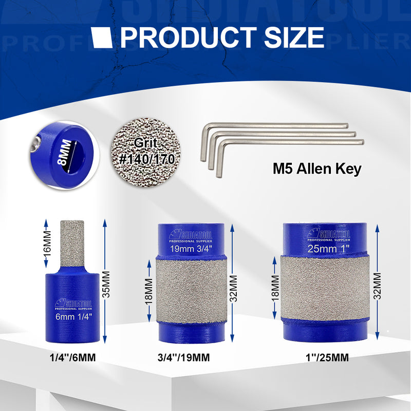 SHDIATOOL 3pcs/set Diamond Glass Grinder Bits for Stained Glass Grinder Heads