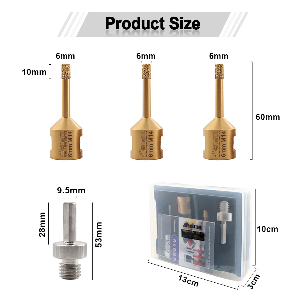 SHDIATOOL Diamond Drill Bit 4pcs/set 6/6/6mm Core Bit M14 Thread+Hex Adapter Marble Ceramic Porcelain Tile Granite Hole Saw - SHDIATOOL