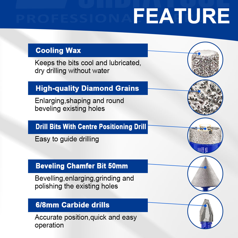 SHDIATOOL 15pcs 6-100MM Diamond Core Drill Bit Hole Saw Kit with Removable Pilot Bits for Porcelain Ceramic Tile 50mm Beveling Chamfer Bit 20mm Finger Bits 6/8mm Carbide Drill Bits