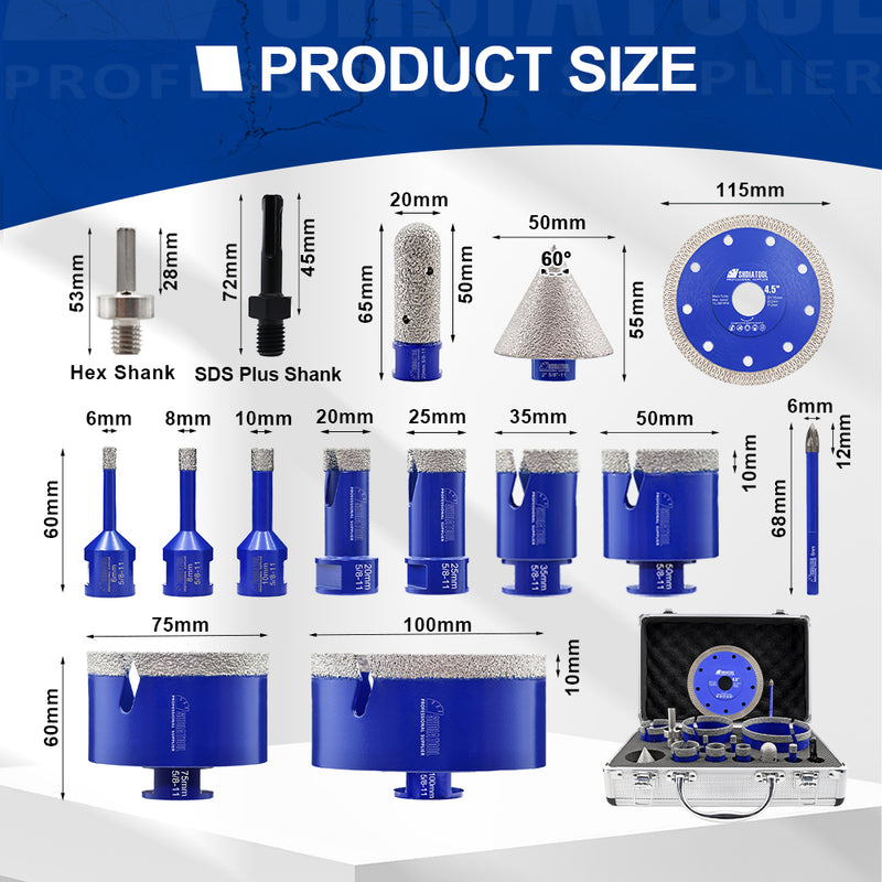 SHDIATOOL 15pcs 6/8/10/20/25/35/50/75/100MM Lightning Teeth Diamond Drill Core Bit Kit 6MM Carbide Drill Bit 20MM Milling Bit 2'' Chamfer Bits SDS/HEX Adapter 115MM X Mesh Cutting Disc for Porcelain Granite Marble