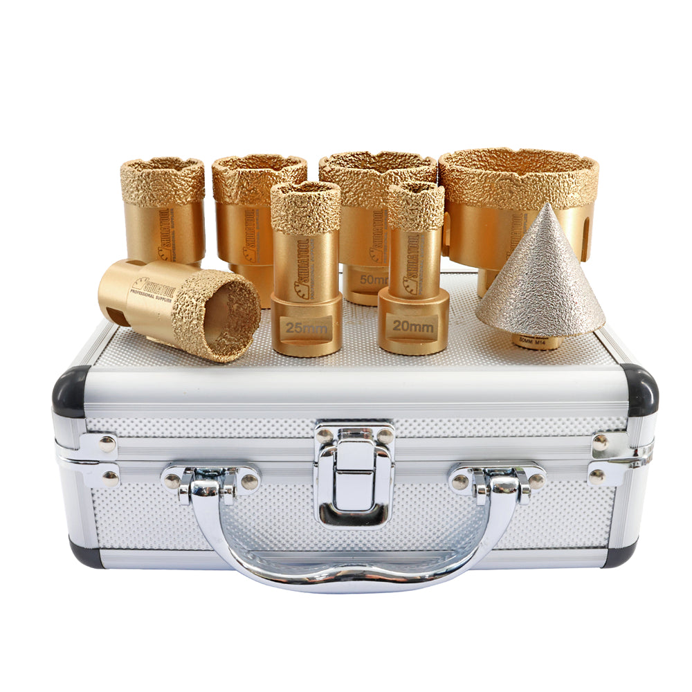 SHDIATOOL Diamond Core Drill Bits 1set/8pcs  M14 Thread 20/25/32/35/40/50/68mm Core Bits+50mm Chamfer Marble Ceramic Tile Hole Saw - SHDIATOOL