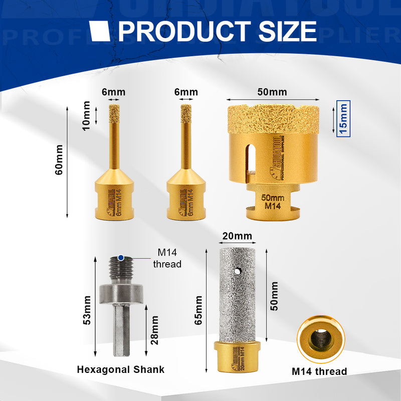 SHDIATOOL 5pcs 6/8/35MM Drill Bits 20MM Milling Finger Bit HEX Shank Adapter M14 Drill Bits Kit for Tile Marble Granite Porcelain Sandstone