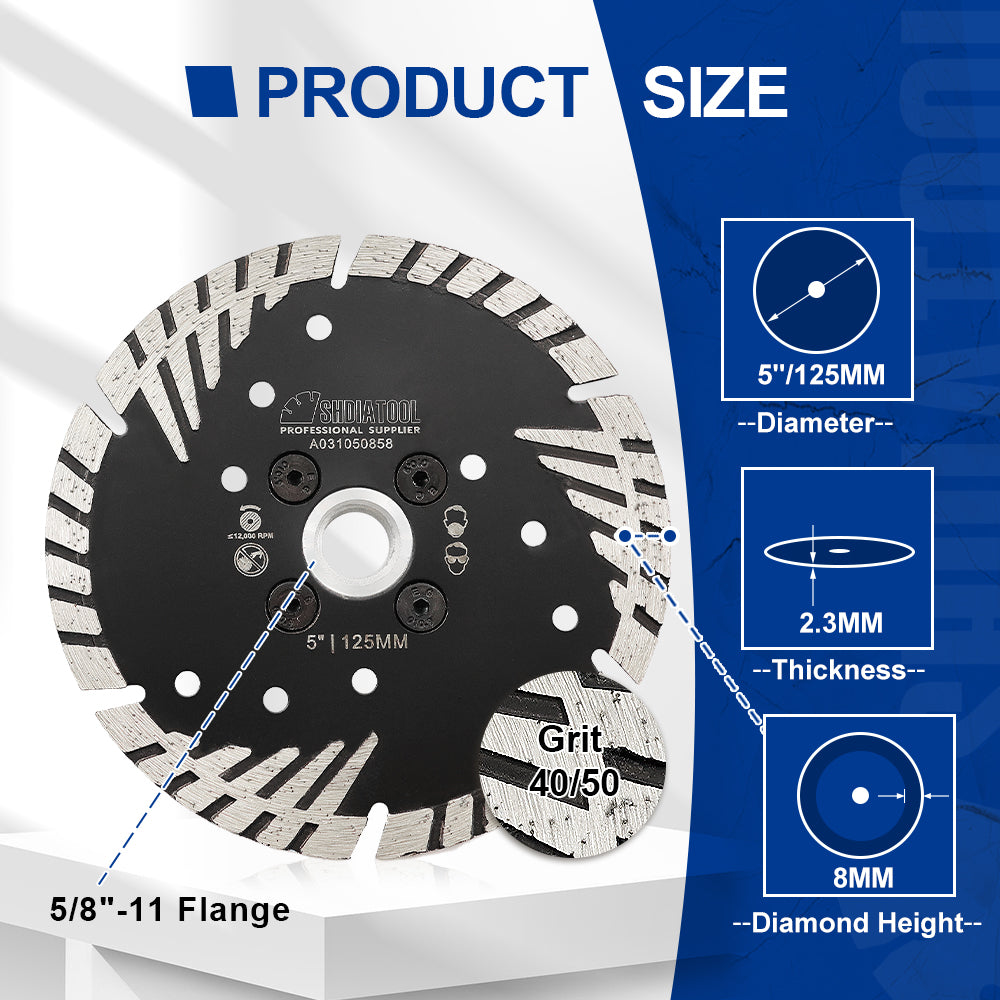 Turbo Saw Blade With Slant Protection Teeth 5pcs 4/4.5/5" Concrete Granite 5/8-11 or M14 Flange