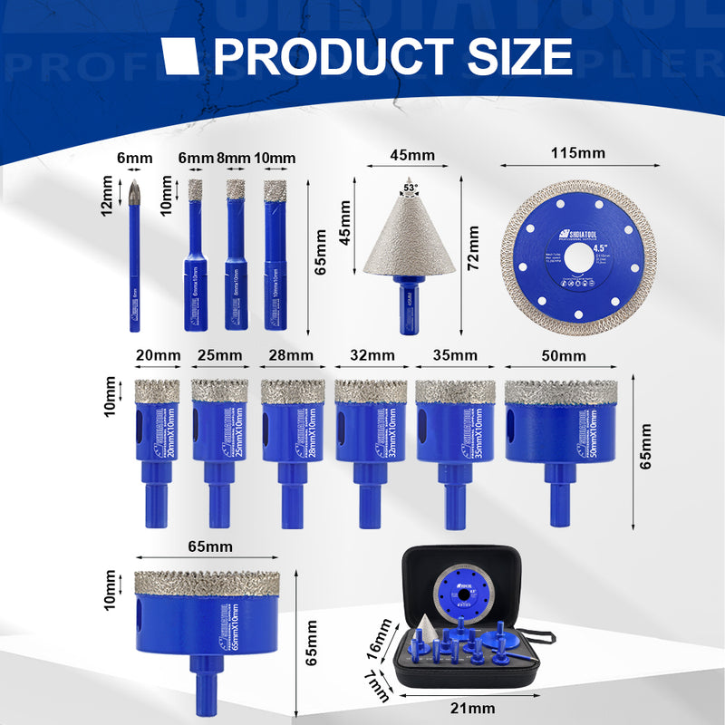 SHDIATOOL 13pcs Dia 6-65mm Diamond Drill Bits Set 1-3/4'' Beveling Chamfer Bit 4.5 Inch X Mesh Saw Blade Kit 6MM Carbide Triangular Drill Bit For Porcelain Tile Ceramic Granite Marble Stone Masonry