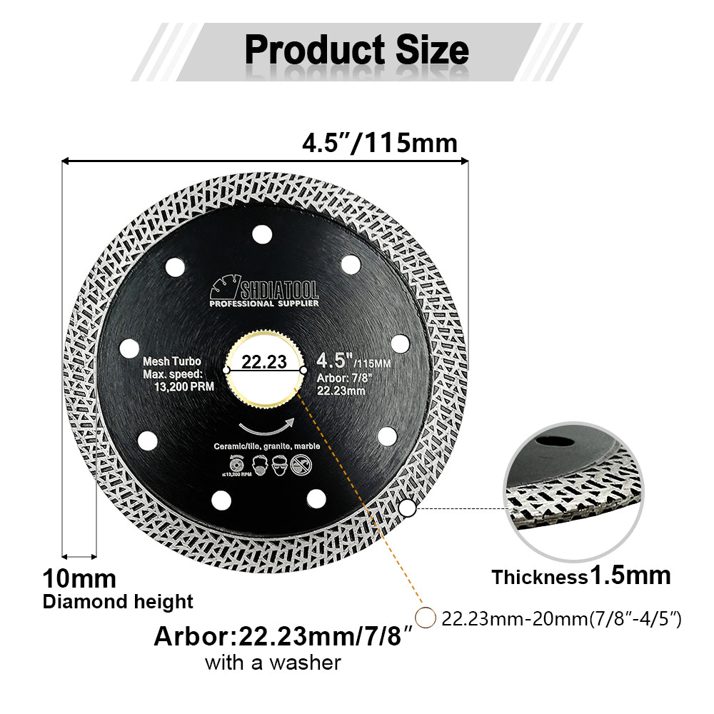 Mesh Turbo Diamond Saw Blades 5pcs 4"/4.5"/5" Porcelain Tile Granite Marble
