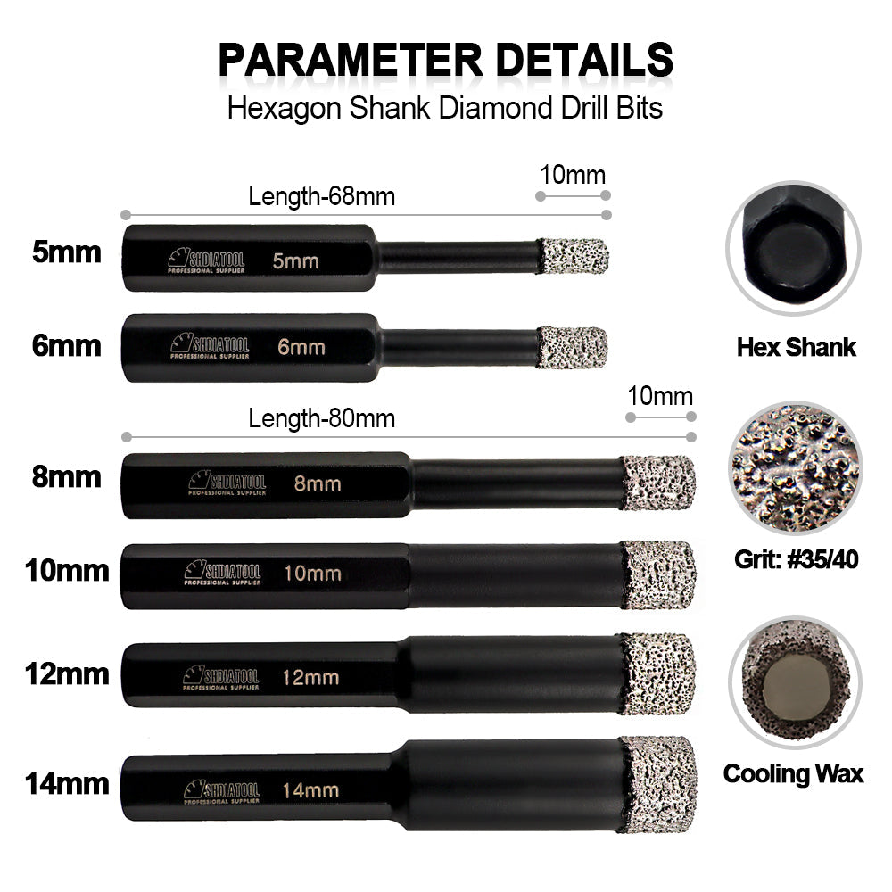 Dry Diamond Drill Bits Hex Shank for Granite Marble Porcelain Tile Ceramic SHDIATOOL - SHDIATOOL