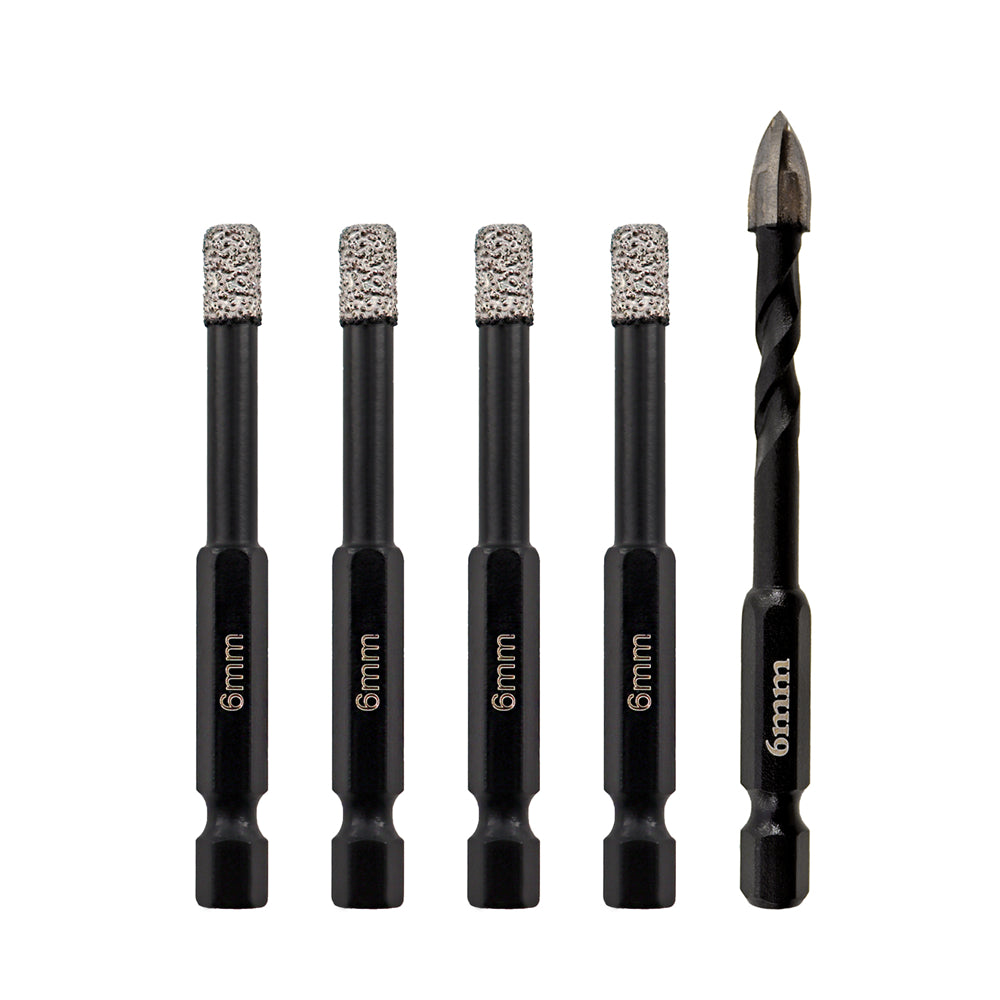 SHDIATOOL Dry Drilling Bits Quick-fit Shank + 6mm Carbide Triangular Drill Bit for Porcelain Tile Ceramic Granite Marble Stone Masonry - SHDIATOOL