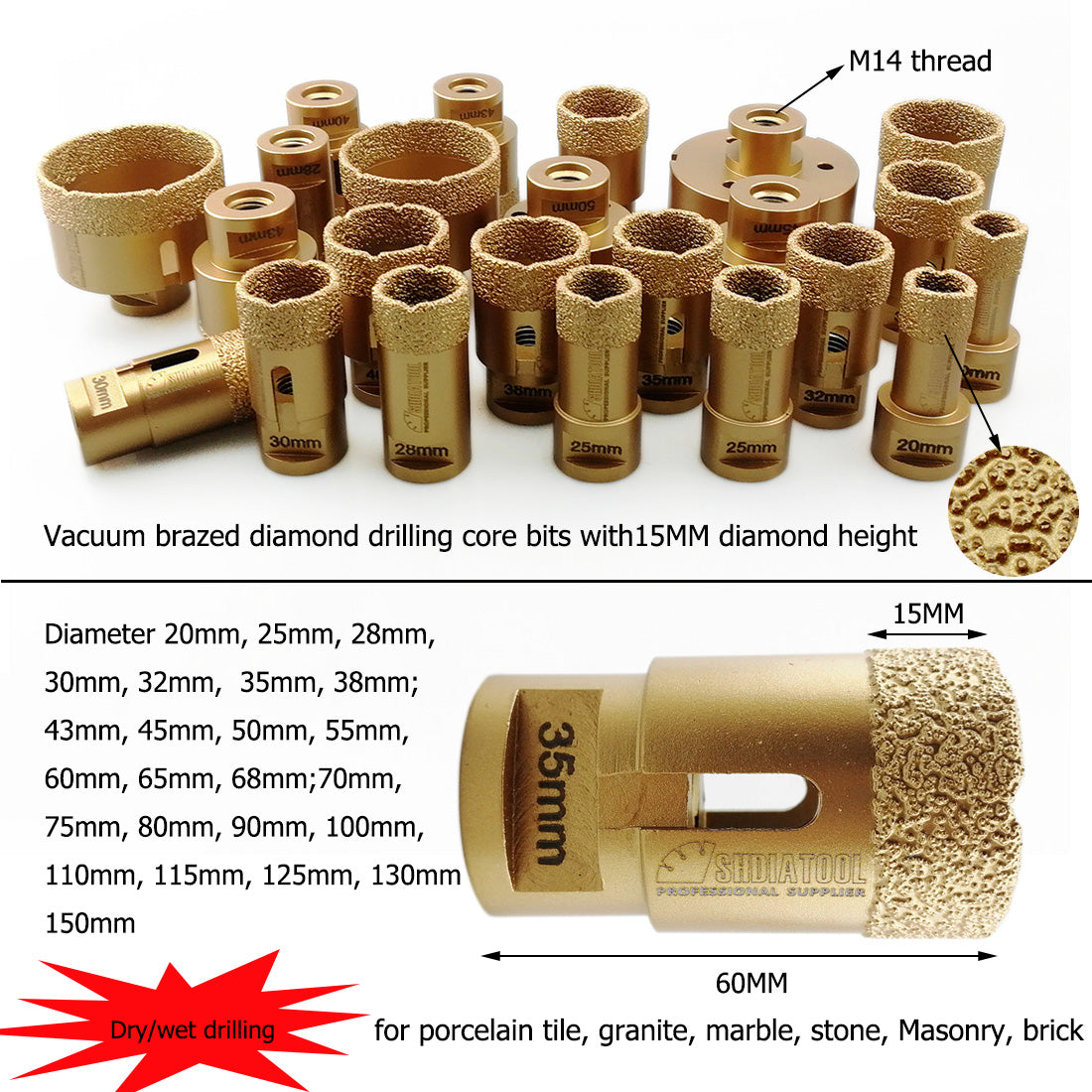 SHDIATOOL 6pcs Dry Golden Diamond Drill Bits for Porcelain Granite M14 Thread - SHDIATOOL