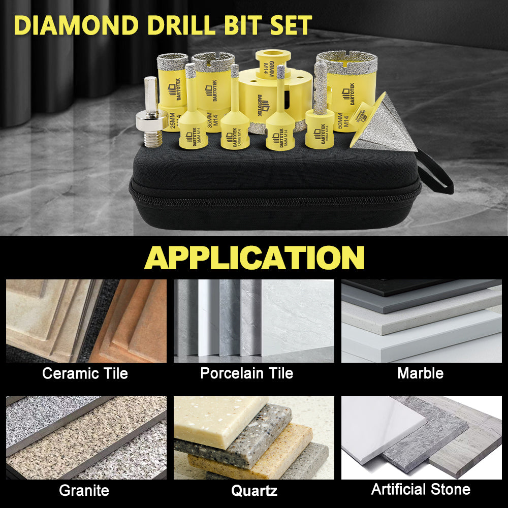 DARTOTEK M14 10Pcs 6-68mm Diamond Drill Core Bit Set Hole Saw 50mm Chamfer 10mm Finger Bits Hex Adapter M14 Marble Tile Tool Kit