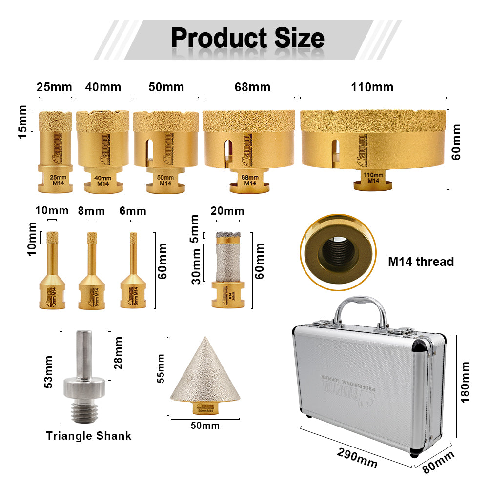 DE Warehouse Shdiatool M14 Thread 11pcs/kit Vacuum brazed diamond Core Chamfer Bits for Tile Marble Concrete