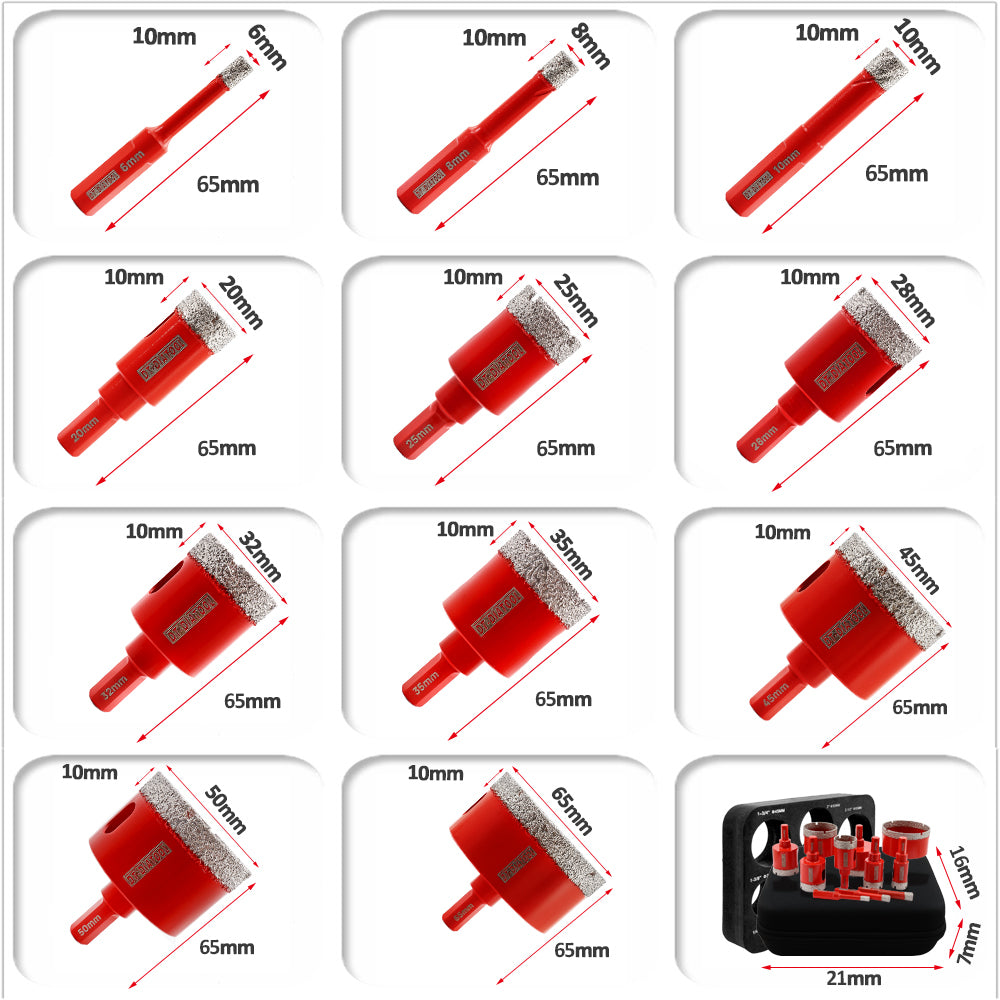 DT-DIATOOL Diamond Drilling Bits 11pcs/Box with Triangle Shank Dia6-65mm Core Bit for Marble Granite Porcelain Tile Hole Saw