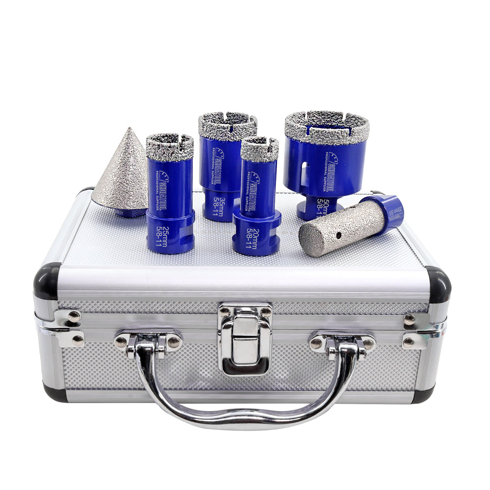 SHDIATOOL 1set/6pcs with Box Diamond Drill Core Bits  Dia 20mm/25mm/35mm/ 50mm ＋20mm Diamond Finger Bit＋Chamfer Bit for Ceramic Tile Granite Marble 5/8"-11 Thread - SHDIATOOL
